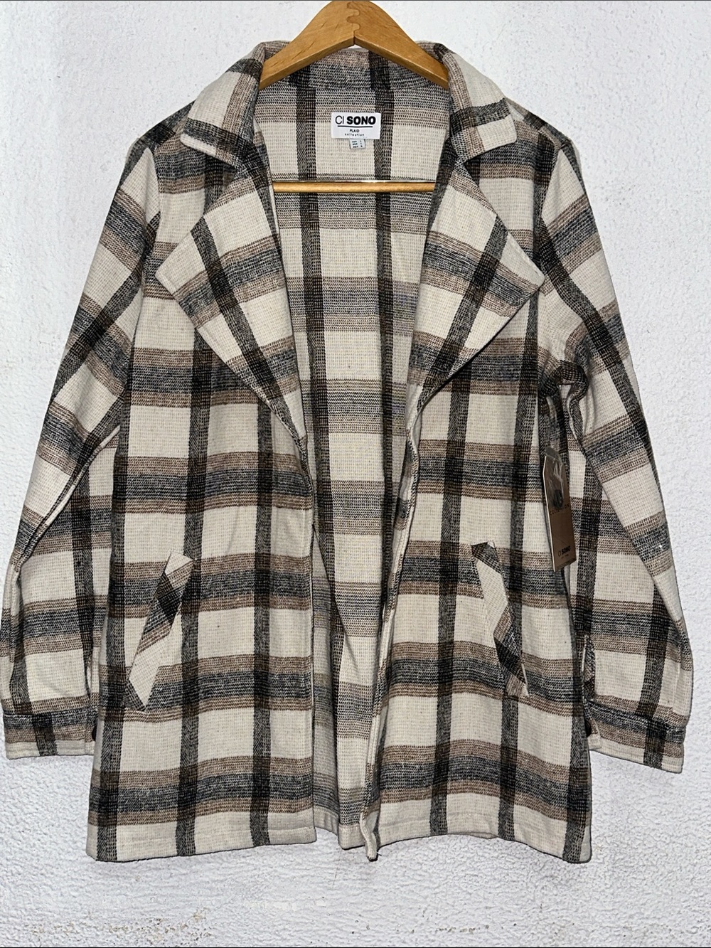 Ci Sono Cream and Brown Plaid Open-Front Blazer